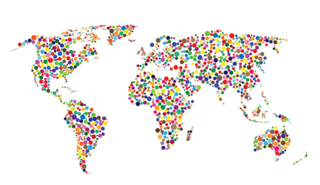 Grafik einer Weltkarte. Die Kontinente sind aus bunten Punkten aufgebaut. 